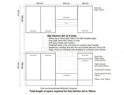 WHITE HIGH GLOSS Kitchen Set 6 Unit Cabinet Soft Close Chrome Handles 180cm Ella