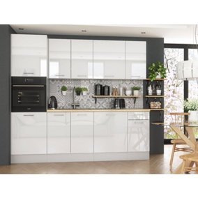 WHITE HIGH GLOSS Kitchen Set 7 Unit Tall Oven Housing Soft Close Chrome Handles 240cm Ella