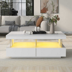 White High Gloss LED Coffee Table, Tea Table with 16 Colors LED Lights, 2 Drawers and Open Storage Space 100x60x49.5