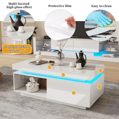 White High-Gloss LED Coffee Table with RGB Lights, Drawer Storage ...