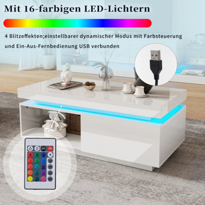 White High-Gloss LED Coffee Table with RGB Lights, Drawer Storage ...