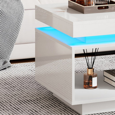 White High-Gloss LED Coffee Table with RGB Lights, Drawer Storage ...
