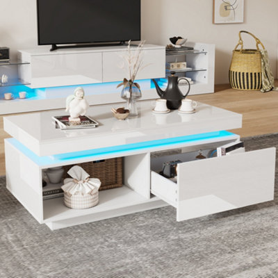 White High-Gloss LED Coffee Table with RGB Lights, Drawer Storage ...