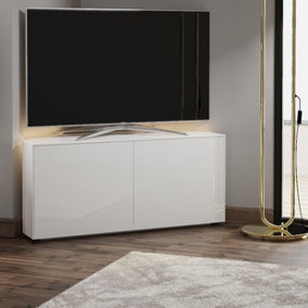 White high gloss SMART corner TV cabinet with wireless phone charging and Alexa or app operated LED mood lighting