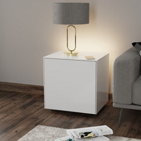 White high gloss SMART side table with wireless phone charging and Alexa operated ambient lighting