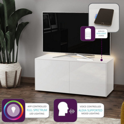 White high gloss SMART TV cabinet with wireless phone charging and Alexa or app operated LED mood lighting