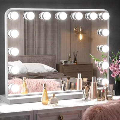 White Hollywood Makeup Vanity Mirror with 15 Dimmable LED Bulbs, 3 Color Lighting, Touch Control 50cm W x 40cm H