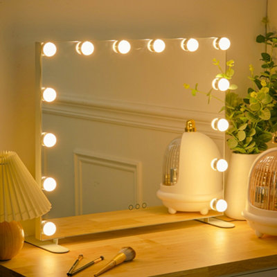White Hollywood Vanity Makeup Mirror Bedroom Dressing Table Mirror with 14 LED Bulbs Dimmable, Touch Control