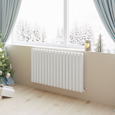 White Horizontal Double Oval Column Radiator (H)600mm (W)1003mm 6616 BTU Steel Compatible for Central Heating System