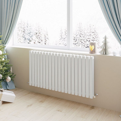 White Horizontal Double Oval Column Radiator (H)600mm (W)1180mm 7780 BTU Steel Compatible for Central Heating System