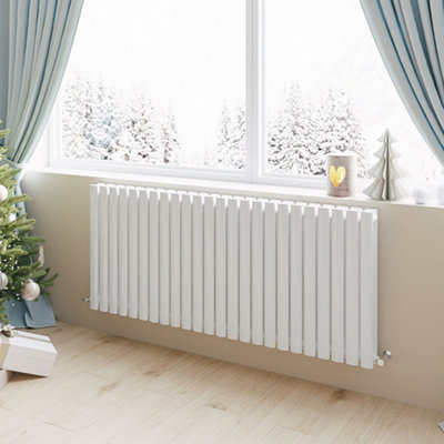 White Horizontal Double Oval Column Radiator (H)600mm (W)1416mm 9332 BTU Steel Compatible for Central Heating System