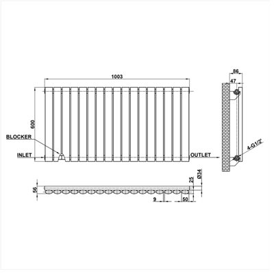 White Horizontal Single Oval Column Radiator (H)600mm (W)1003mm 3522 BTU Steel Compatible for Central Heating System