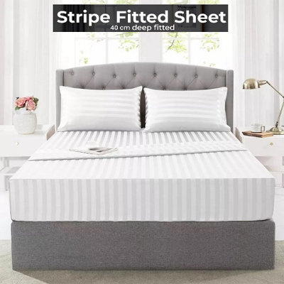 White Hotel Quality  Stripe Fitted Sheet Single Double S. King Sizes Bed Sheets