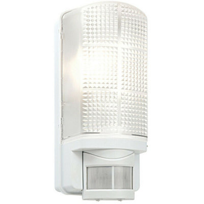 WHITE IP44 Outdoor Wall Bulkhead Light & 10m PIR Motion Sensor 60W E27 Edison