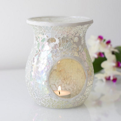 White iridescent Glass Flared Oil, Wax Melt Burner. Mirrored Crackle Effect. H14 cm