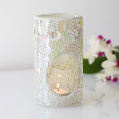 White Iridescent Glass Pillar Shaped Oil, Wax Melt Burner. Mirrored Crackle Effect. H14.5 cm