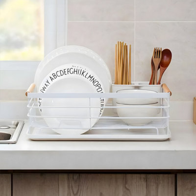 White Iron Dish Drainer with Chopstick Caddy, White