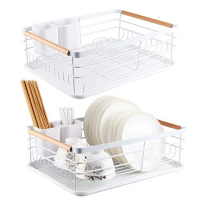 White Iron Dish Drainer with Chopstick Caddy, White