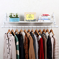 White Iron Wall Mounted Clothes Rail Clothing Hanging Rack Garment Shoe Display Shelf with Storage Shelf 800 mm