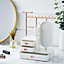 White Jewelry Organizer Makeup Storage Box with Mirror Hanging Rod Necklace Earring Display