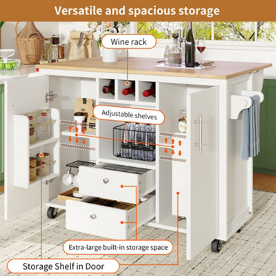 White Kitchen Island Trolley with Folding Worktop, Wine Rack & Storage