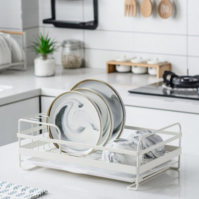 White Kitchen Metal Dish Drainer Rack Draining Board with Removable Drip Tray