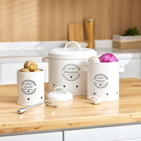 White Kitchen Storage Bin Set for Potato Onion and Garlic with Peeler Vegetable Fresh Keeper