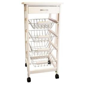 White Kitchen Storage Trolley Cart with Countertop, Drawer, 4 Pull-Out Storage Baskets & Locking Wheels - H80 x W37 x D37cm