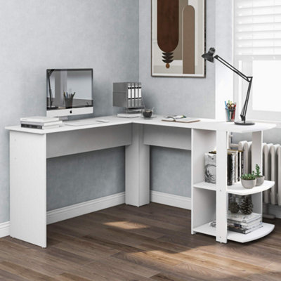 White L Shaped Desk with Shelves, 140CM Computer Desk