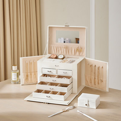 White Large Multi Tier Faux Leather Jewellery Storage Box with Handle Key Lockable