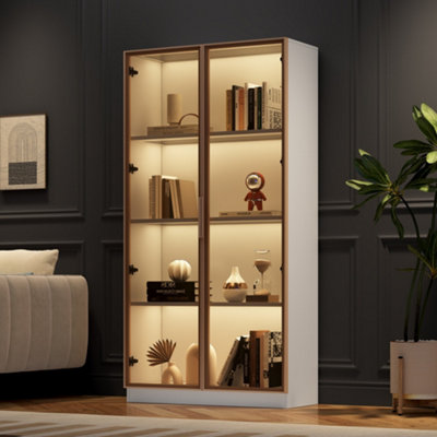 White LED Display Cabinet with Tempered Glass Doors, Adjustable Shelves ...