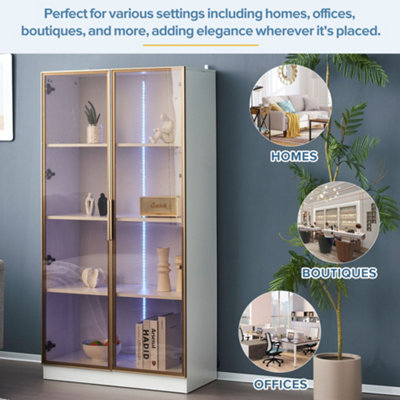 White LED Display Cabinet with Tempered Glass Doors, Adjustable Shelves ...