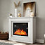 White LED Electric Fire Suite Black Fireplace with White Wooden Surround Set 30 Inch