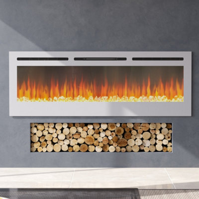 BETELNUT 60" Electric Fireplace Wall Mounted And Recessed With Remote Control, 750/1500W Ultra-Thin Wall Fireplace Heater W/Timer Adjustable Flame Color And Brightness, Log Set & Crystal Options