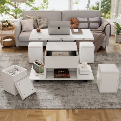 White Lift-Top Coffee Table with Hidden Storage & Hydraulic Mechanism