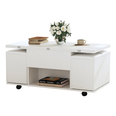White Lift-Top Coffee Table with Hidden Storage & Hydraulic Mechanism
