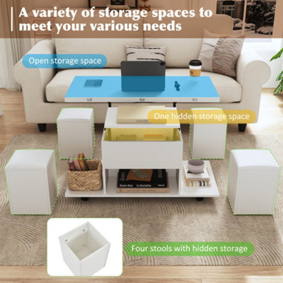 White Lift-Top Coffee Table with Hidden Storage & Hydraulic Mechanism