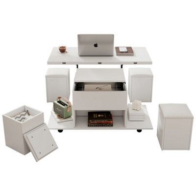 White Lift-Top Coffee Table with Hidden Storage & Hydraulic Mechanism