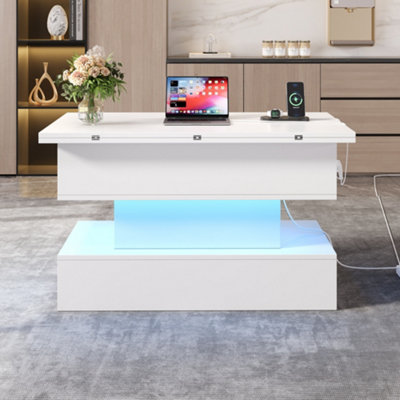 White Lift-Up Coffee Table with Power Outlets, USB & USB-C Charging ...