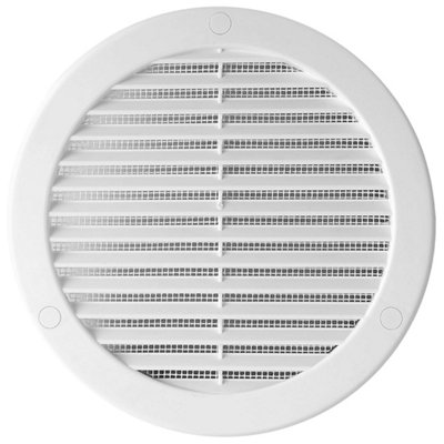 White Louvred Wall Vent Grille with Flyscreen and Screw Covers, 100 mm / 4 in, Air Ventilation Duct Cover with Flat Back