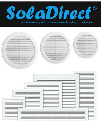 White Louvred Wall Vent Grille with Flyscreen and Screw Covers, 100 mm / 4 in, Air Ventilation Duct Cover with Flat Back