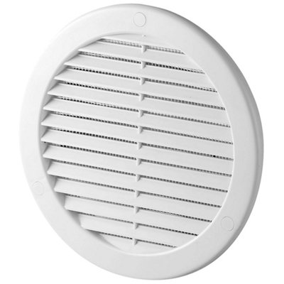 White Louvred Wall Vent Grille with Flyscreen and Screw Covers, 100 mm / 4 in, Air Ventilation Duct Cover with Flat Back