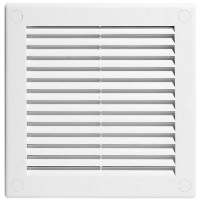 White Louvred Wall Vent Grille with Flyscreen and Screw Covers, 150 x 150 mm, Air Ventilation Duct Cover with Flat Back