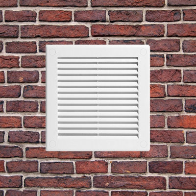 White Louvred Wall Vent Grille with Flyscreen and Screw Covers, 150 x 150 mm, Air Ventilation Duct Cover with Flat Back