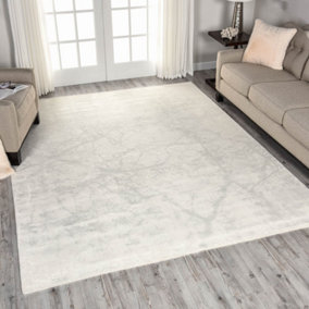 White Luxurious Modern Easy to Clean Abstract Viscose Wool Rug for Living Room, Bedroom - 297cm X 419cm