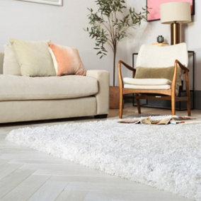 White Luxurious , Modern , Plain , Shaggy Easy to Clean Rug for Living Room, Bedroom - 120cm X 170cm