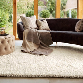 White Luxurious , Plain , Shaggy , Wool Easy to Clean Rug for Living Room, Bedroom - 120cm X 170cm