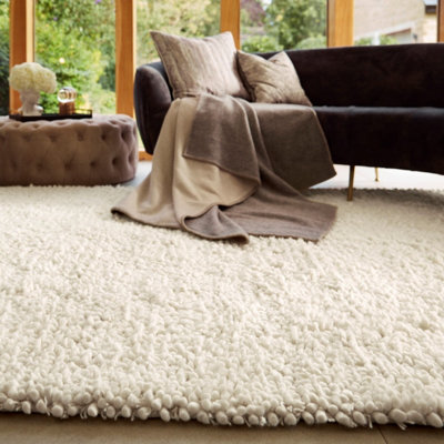 White Luxurious , Plain , Shaggy , Wool Easy to Clean Rug for Living Room, Bedroom - 120cm X 170cm