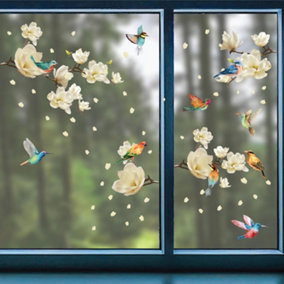 White Magnolia Flowers with Birds Spring Window Clings