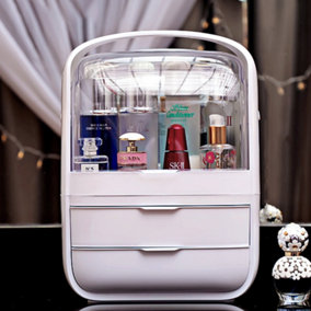 White Makeup Storage Organizer with 2 Layer Storage Box and Transparent Cover Bedroom Vanity Desk